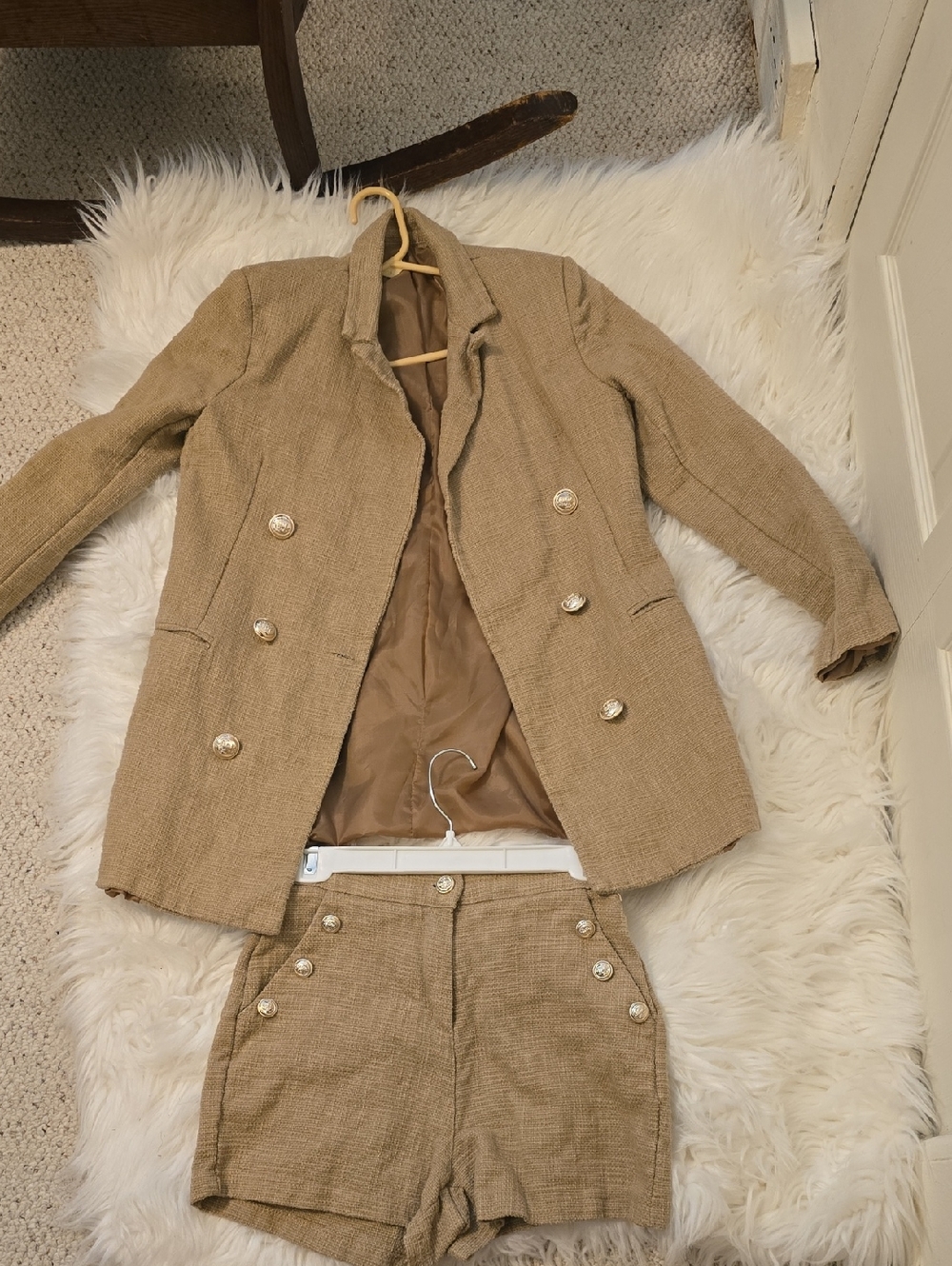 Tailored Double-Breasted Tan Tweed Blazer and Shorts Set